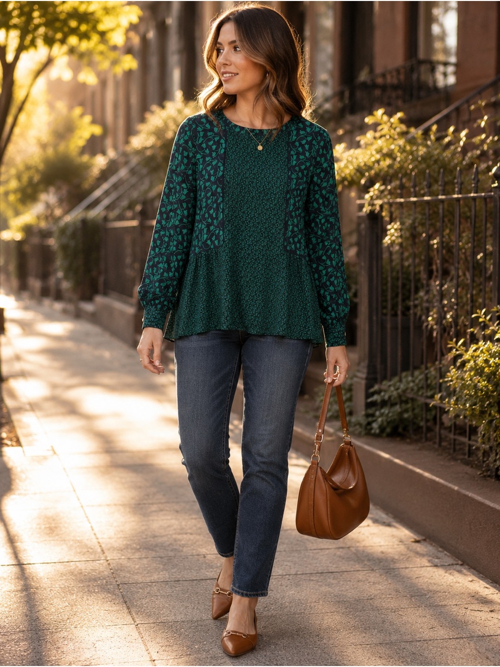 LOFT Emerald Green Navy Floral Blouse M Layered Look Long Sleeve Fall